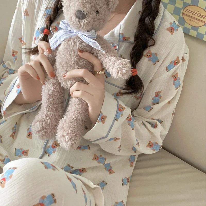 秋冬新款蓝色小熊卡通系列睡衣家居服套装厚款宽松休闲女士家居服