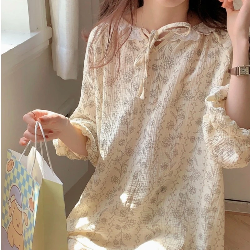 春夏新款花边暗花青年睡衣家居服套装薄款宽松泡泡绉棉女士家居服