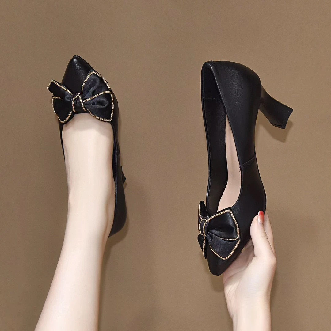 真皮高跟蝴蝶结单鞋女2024年春秋新款尖头细跟气质百搭软皮小皮鞋