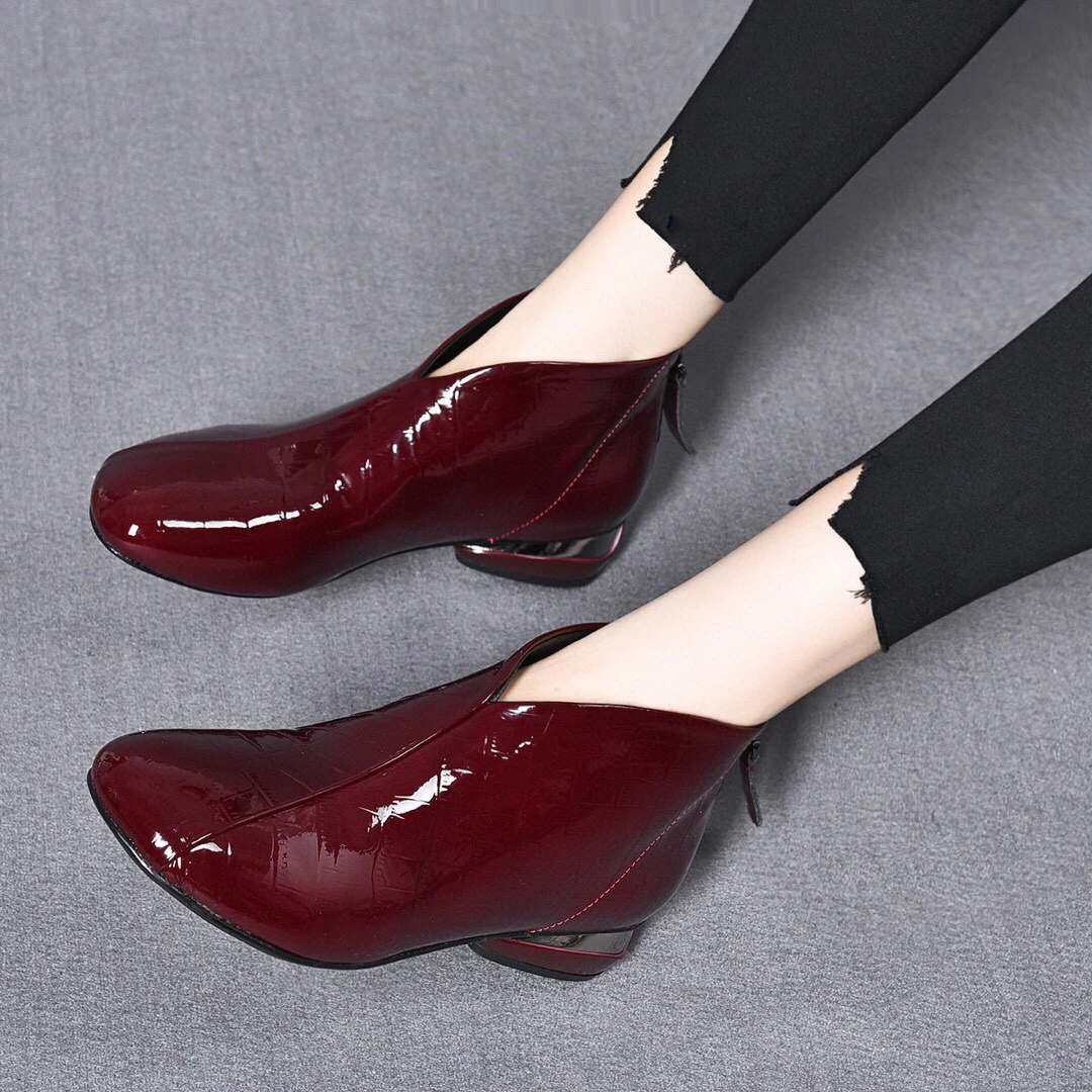 安可拉红牛漆皮软底软面短靴女2024年秋冬圆头粗跟不累脚亮面女靴