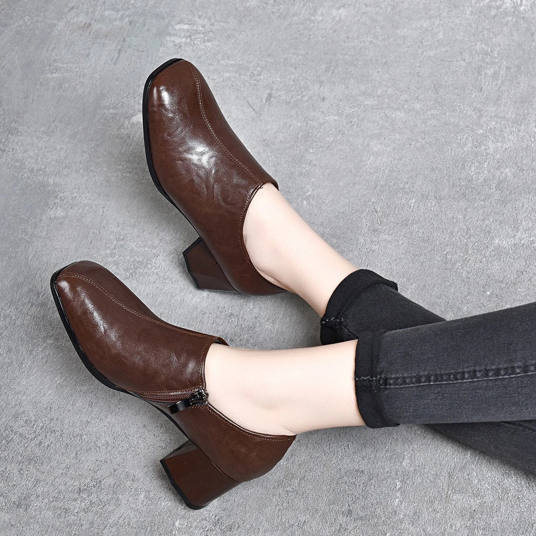 牛皮方头软面复古单鞋女2024年春季新款中跟百搭真皮英伦风女鞋