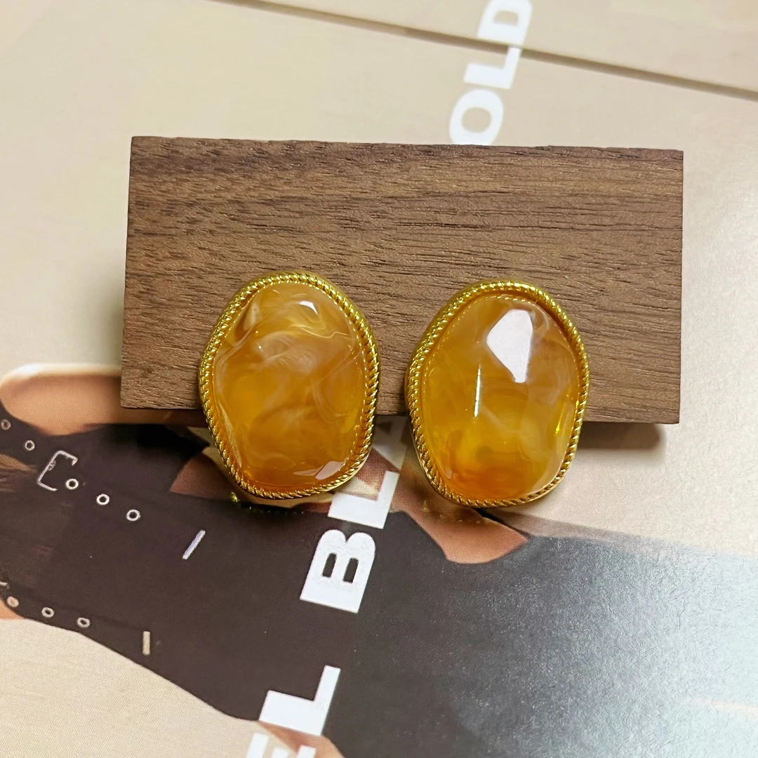 非金属耳饰 (阳光）小众耳钉气质轻奢时尚百搭复古黄色中古镶嵌