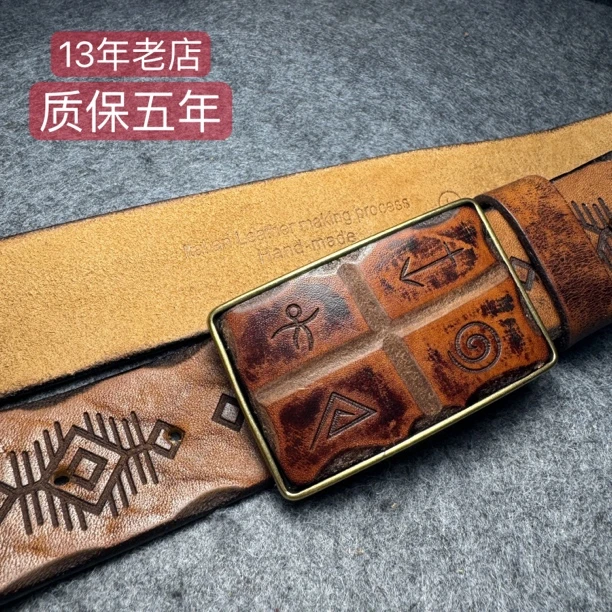 手工雕花男士真皮腰带复古风格耐用牛皮皮带纯铜板扣做旧休闲牛仔