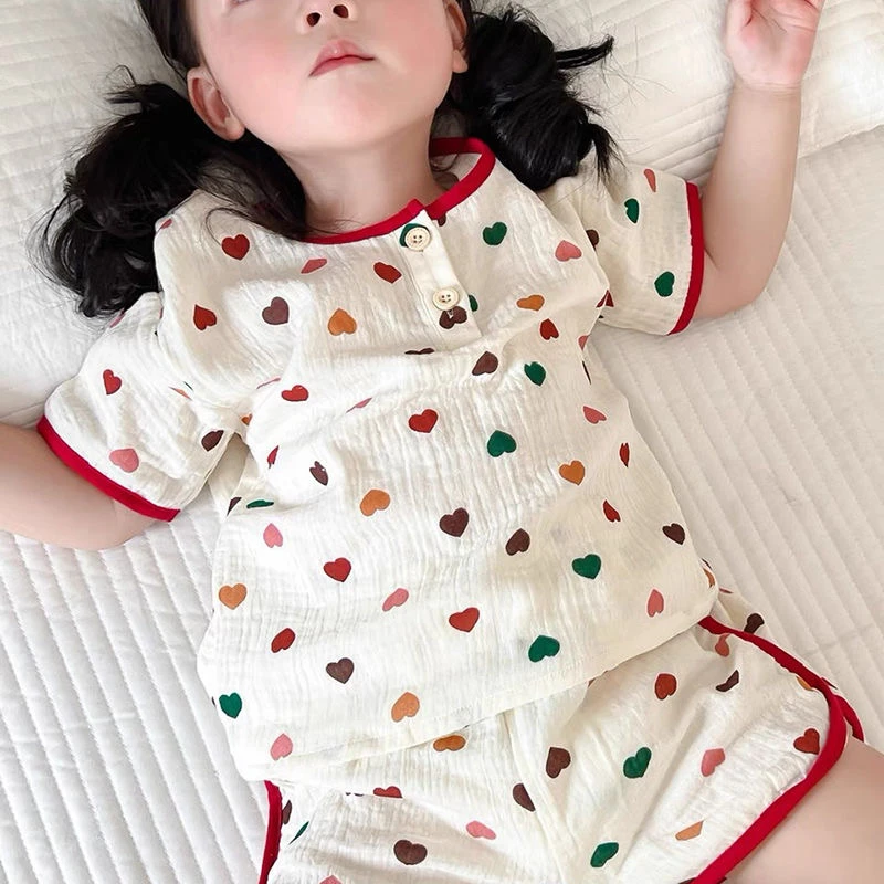 儿童夏季婴儿家居服双层纱布睡衣男童女童居家外出服薄款空调服