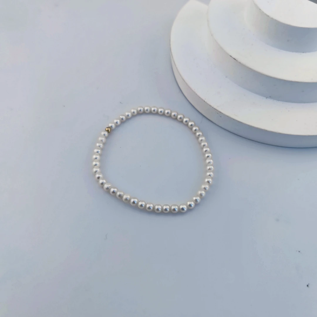 18K金豆3-4mm淡水珍珠手链 弹力绳简约素款百搭