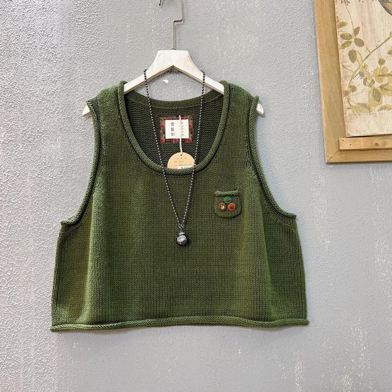 粗棉线短款马夹女春季新款宽松A版简约立体卷边外穿毛背心女