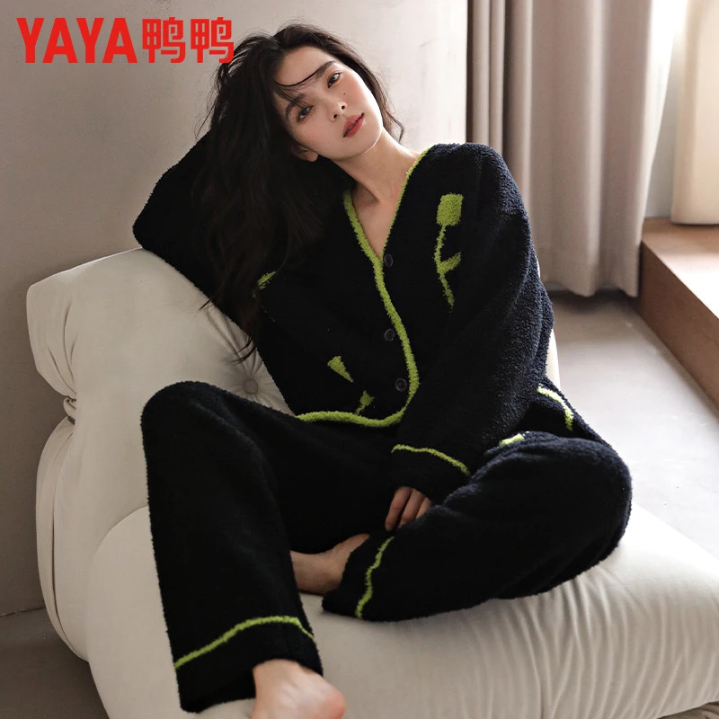 鸭鸭半边绒睡衣女士秋冬季开衫家居服保暖半边绒高级感可外穿套装