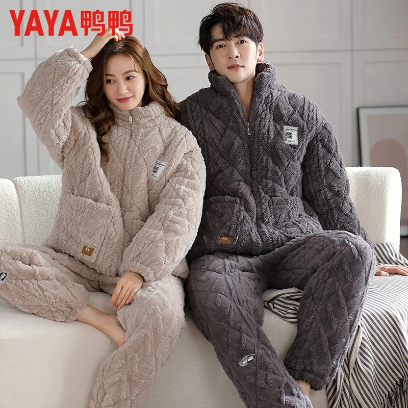 鸭鸭情侣睡衣冬季珊瑚绒加绒加厚男棉袄夹棉保暖女士家居服套装