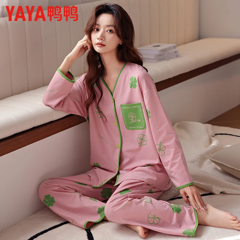 鸭鸭睡衣女士春秋新款纯棉长袖开衫V领花纹时尚可外穿家居服套装