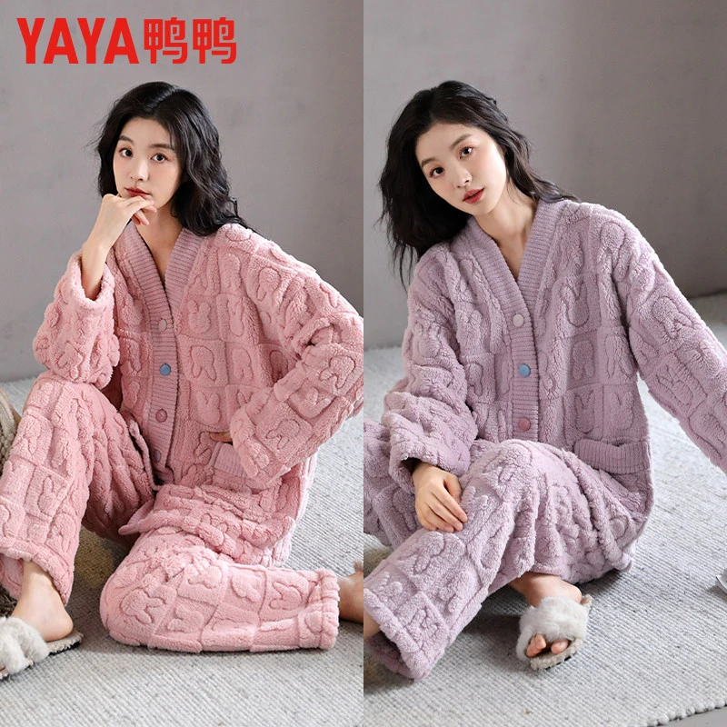 鸭鸭珊瑚绒睡衣女士秋冬季加绒加厚保暖冬天冬季家居服可外穿套装
