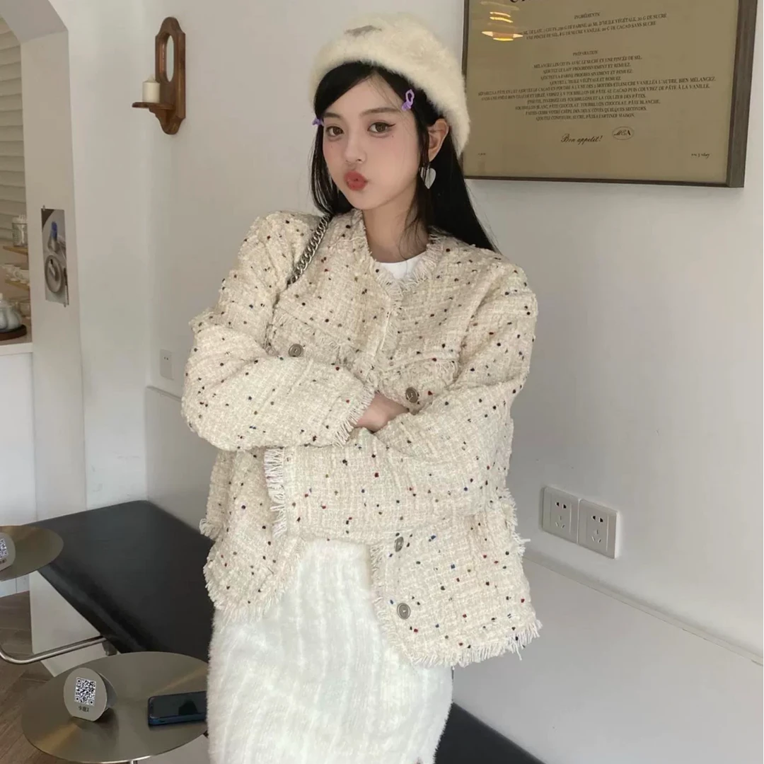 CUTECOSY 秋季新款流苏波点小香风法式名媛风粗花呢女短外套长袖