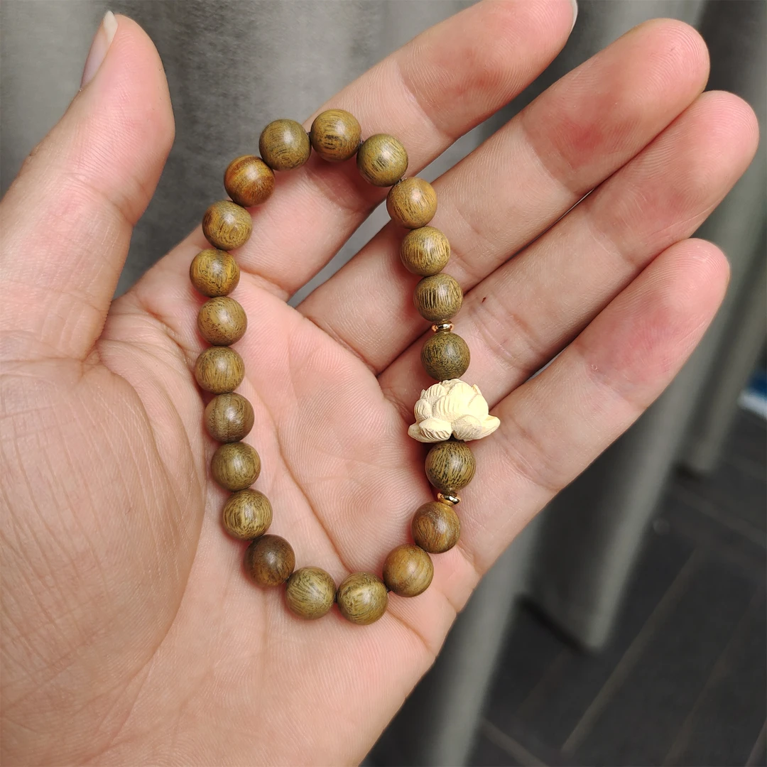 【珠宝兄弟】8mm绿檀木DIY莲花单圈手串 路路通款