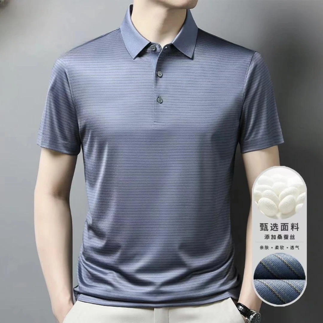新款时尚桑蚕丝短袖T恤夏季宽松中年衣服半袖POLO衫休闲透气亲肤