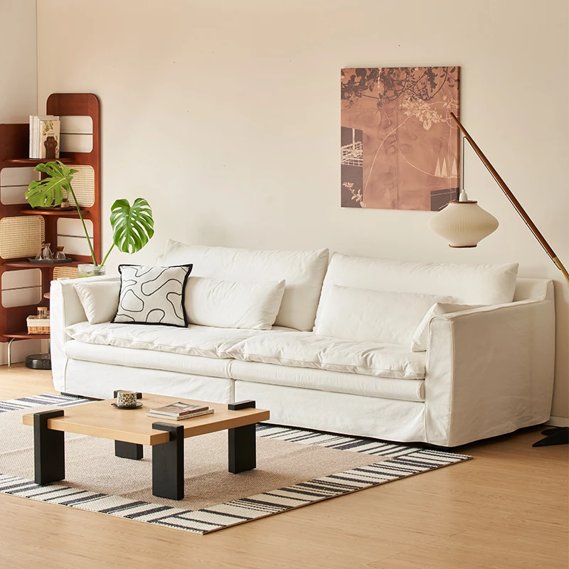 侘寂风棉麻布艺沙发实木全拆洗民宿小户型客厅奶油风羽绒沙发