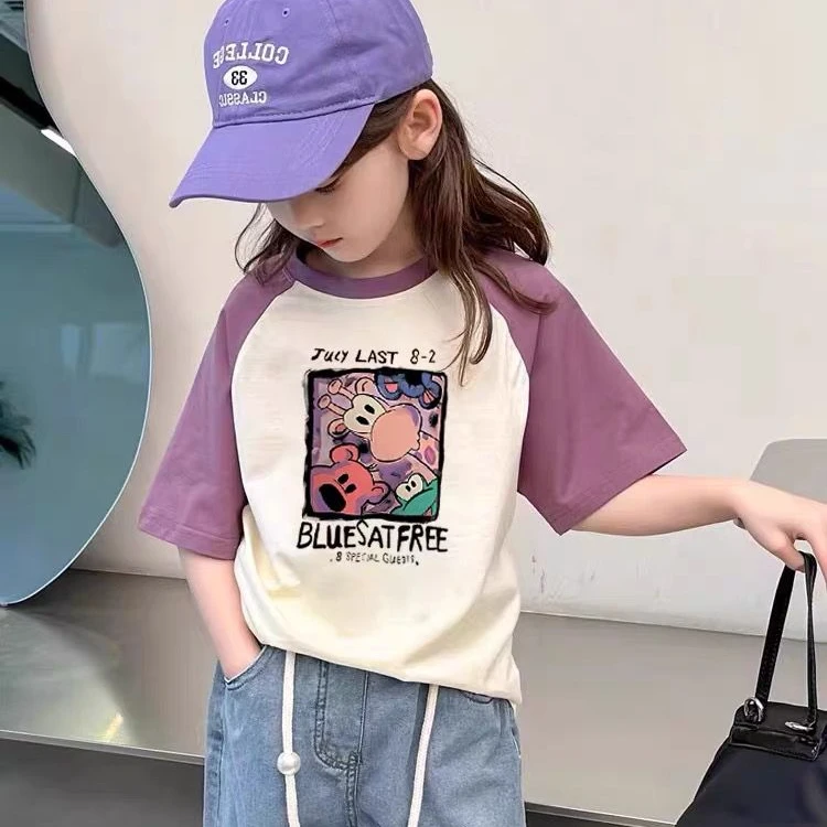 女童紫色拼接纯棉短袖T恤2024新款儿童洋气夏季中大童女孩打底衫