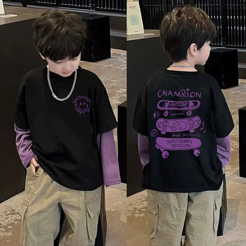 男童秋装长袖纯棉t恤2024新款洋气男孩中大童拼接痞帅假两件上衣