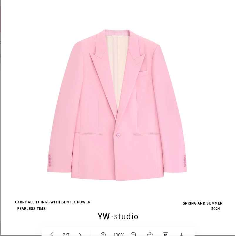 YUWEI/定制  琥珀流光风花瓣粉一粒扣澳毛直角肩西装外套 CYP131