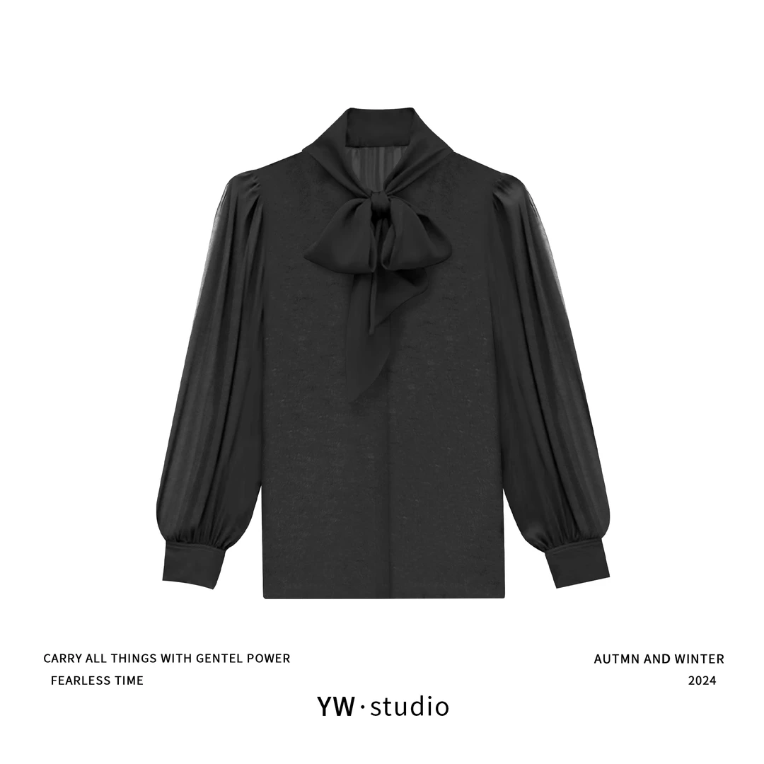 YUWEI/定制 女士黑色平纹绉纱花结领短衫 CYPL2891