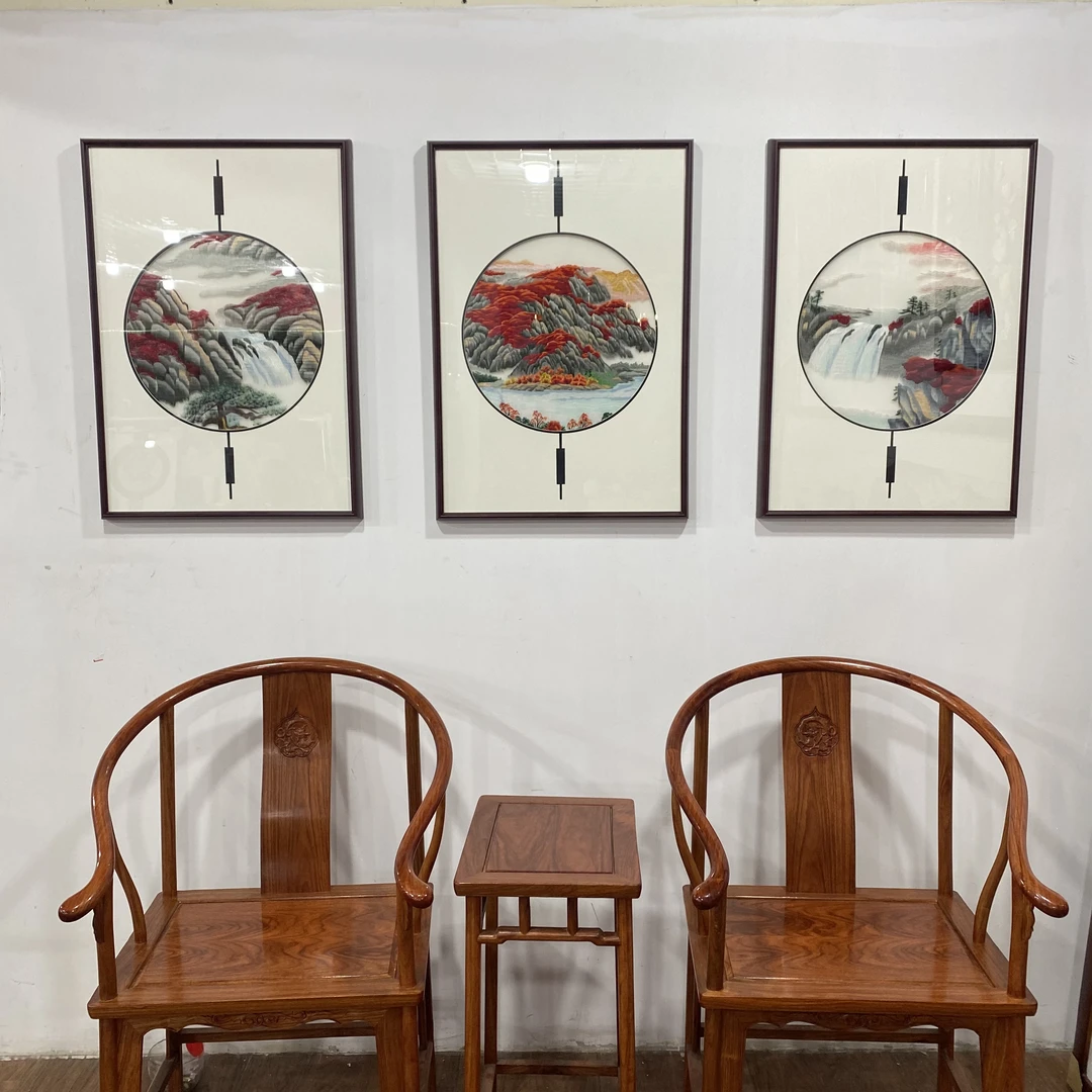 新中式刺绣三联画，苏绣，刺绣装饰画书房等位置，尺寸60/80三联