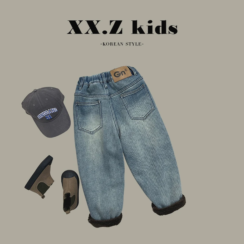【小首尔】现货-冬装儿童潮流字母贴标牛仔加绒裤子SJ2264-DK2