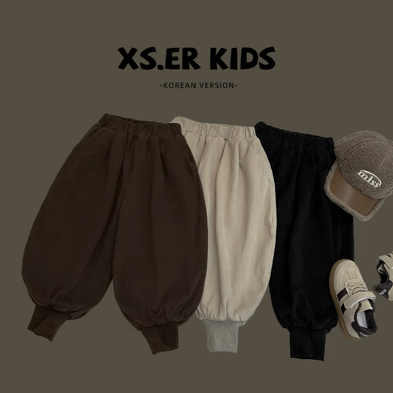 【小南瓜-】现货男童韩版洋气简约纯色加绒裤子冬季时尚长裤HBB2825