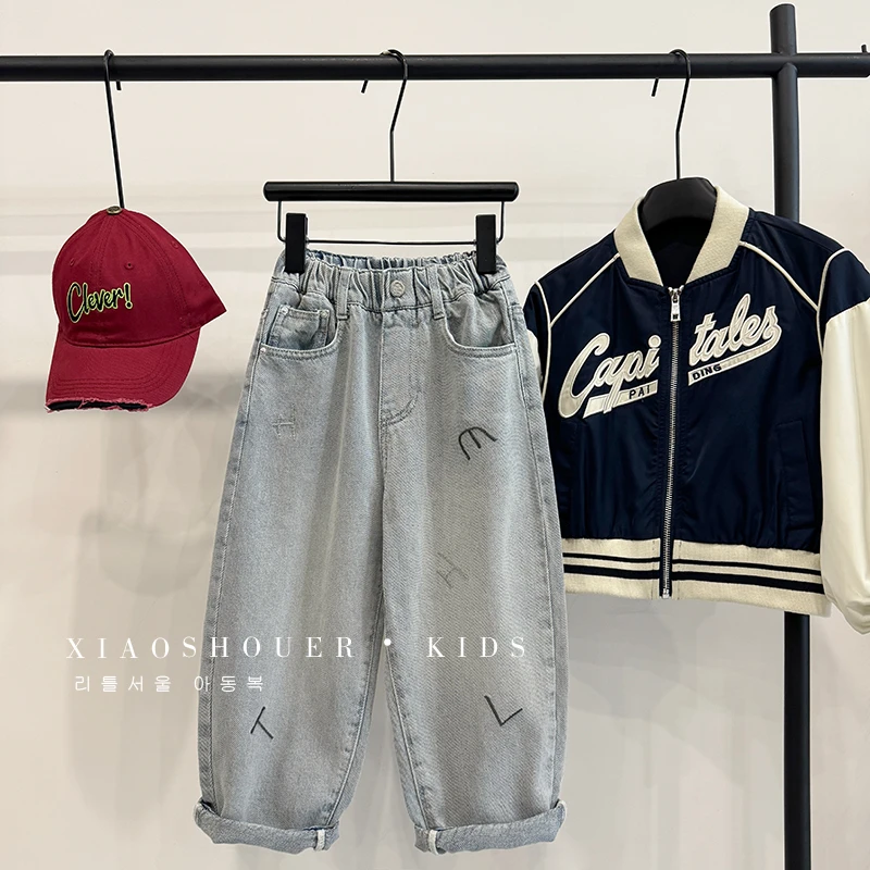 【小首尔】现货-男童简约韩版牛仔裤秋季时尚百搭印花裤子hbb3872