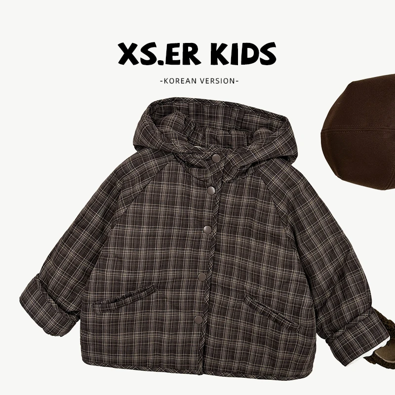 【小首尔】男童复古森系格子冬季加绒加厚宽松棉服外套HBB6092