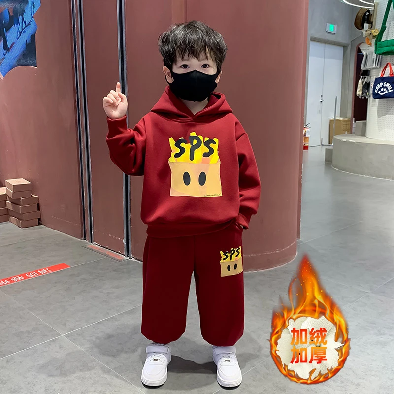 男童套装儿童秋冬款小童加绒连帽卫衣两件套2024新款宝宝帅气冬装