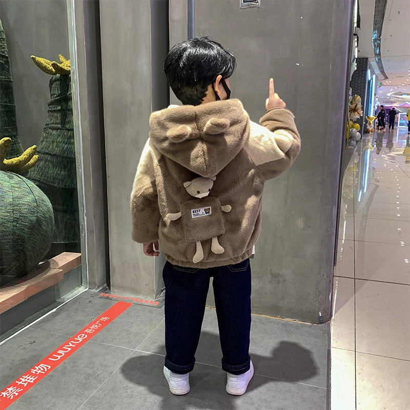 儿童装男童加绒外套秋冬款2023新款小男孩冬装加厚毛毛衣宝宝棉衣