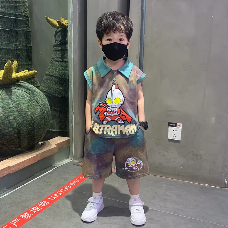 儿童夏季奥特曼POLO衫无袖套装2024新款儿童洋气时髦运动炸街迷彩