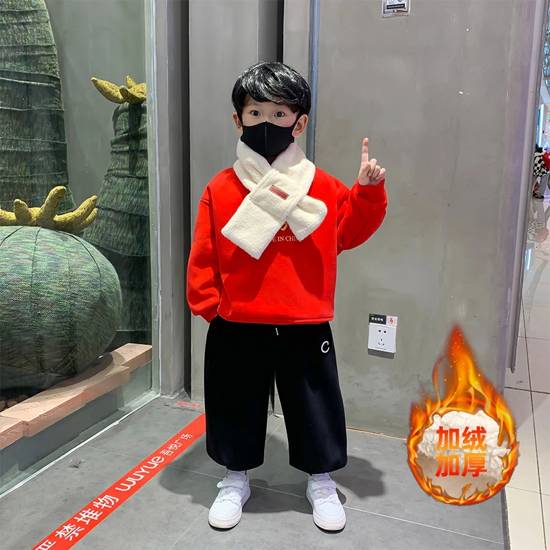 男童红色卫衣加绒加厚秋冬装拜年服男宝过年衣服儿童喜庆套装国潮