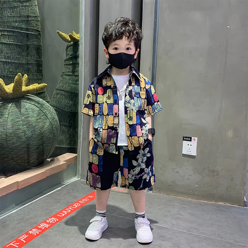 男童2024夏季儿童洋气藏青色花布衬衣短袖套装中小童洋气两件套潮