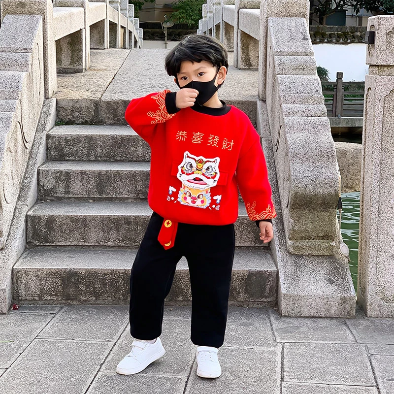 男童拜年服女宝宝唐装套装加绒加厚卫衣婴儿童红色喜庆礼服秋冬款