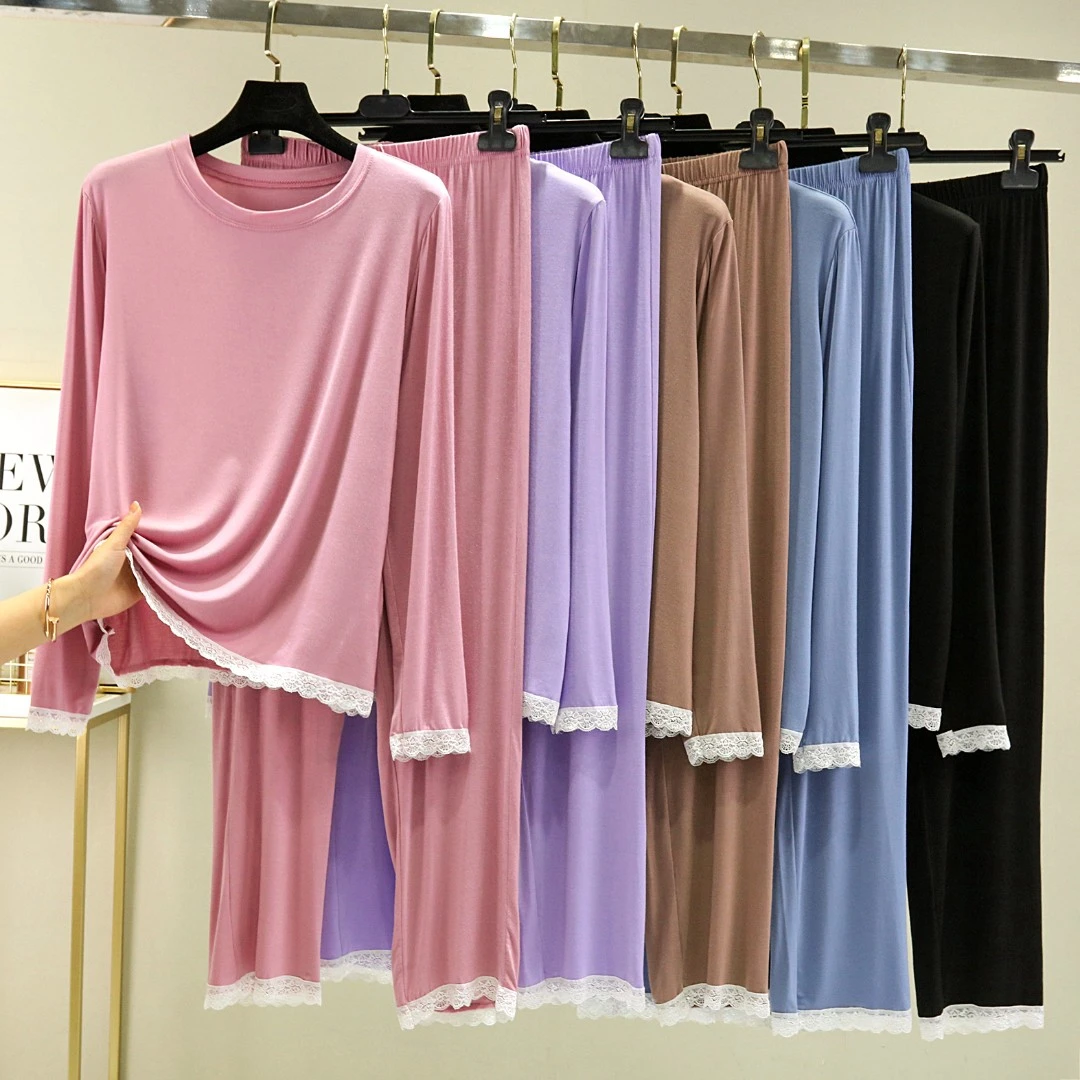 莫代尔棉女MM秋季宽松大码长袖长裤两件套外穿休闲家居服蕾丝套装