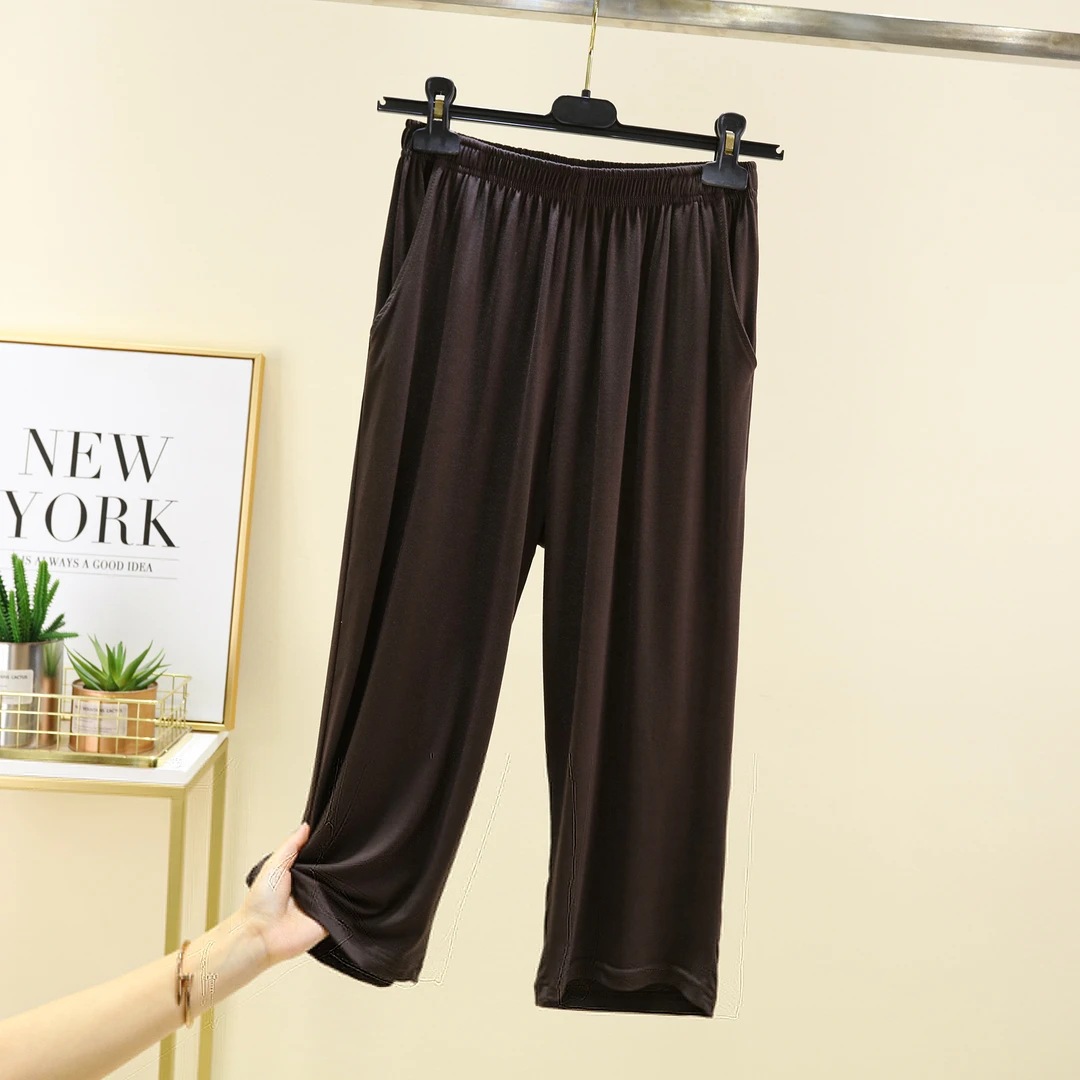 莫代尔七分裤女夏季薄款高腰显瘦外穿短裤睡裤大码休闲百搭阔腿裤