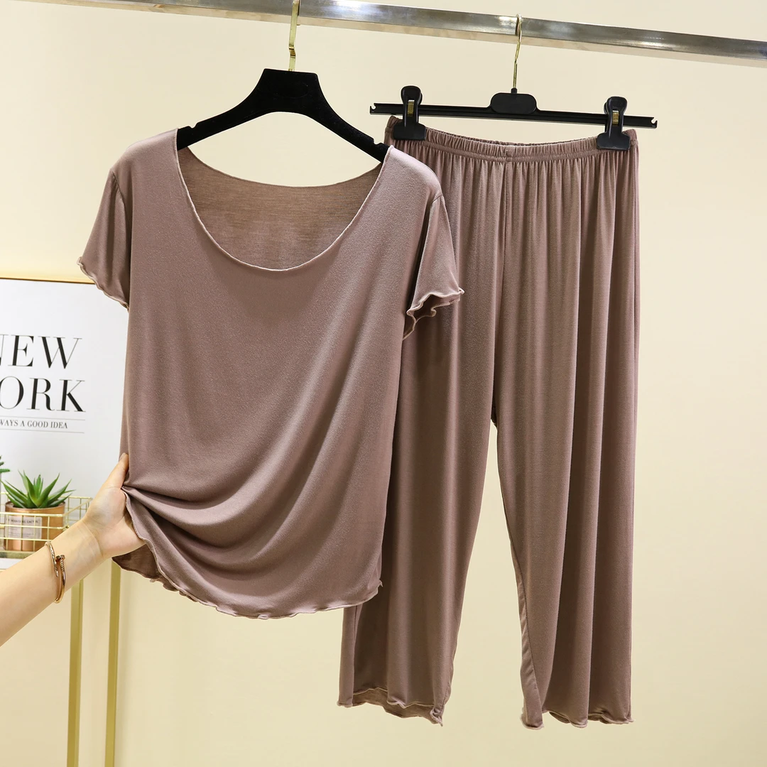 莫代尔夏季薄款大码短袖T恤七分裤套装休闲圆领显瘦简约宽松外穿