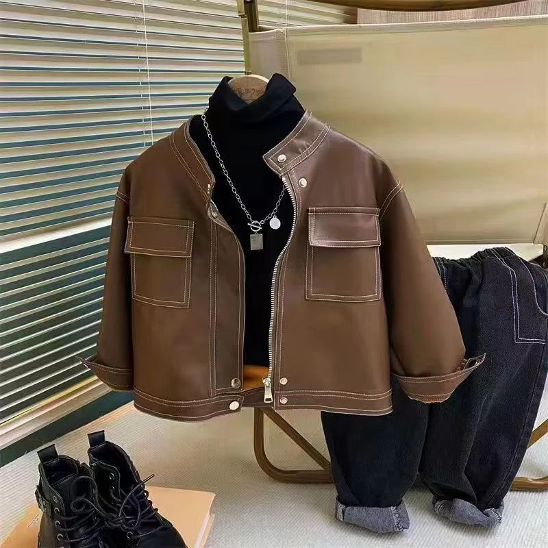 2024年春季新款男女宝宝百搭休闲男女童中性皮衣韩版外套时尚
