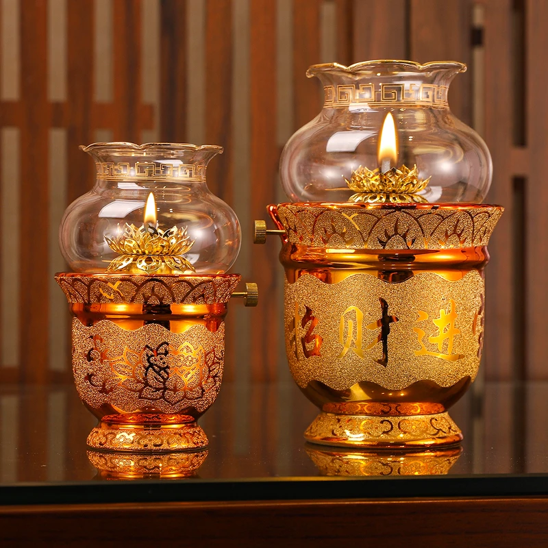 陶瓷沙金油灯家用磨砂手感酥油灯持久耐烧防风莲花长明灯盏