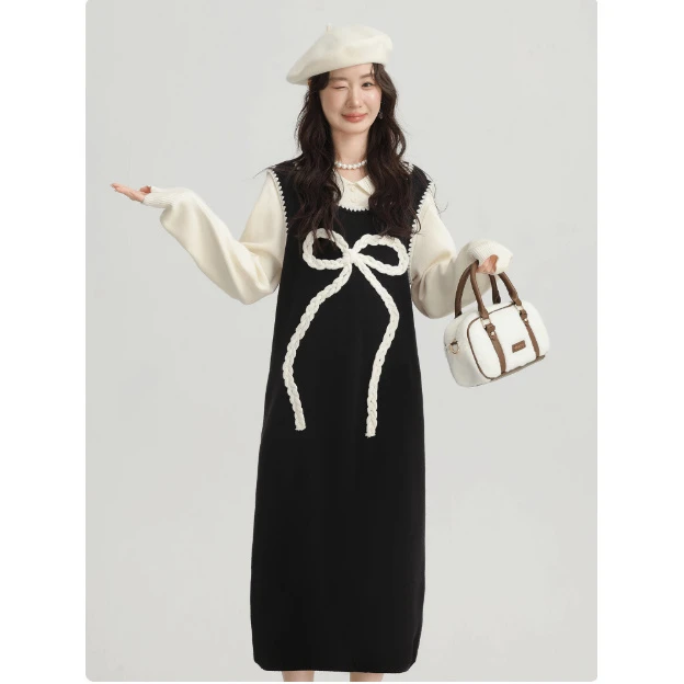【安安】2025孕妇装假两件针织连衣裙2024新款蝴蝶结毛衣裙黑色打底
