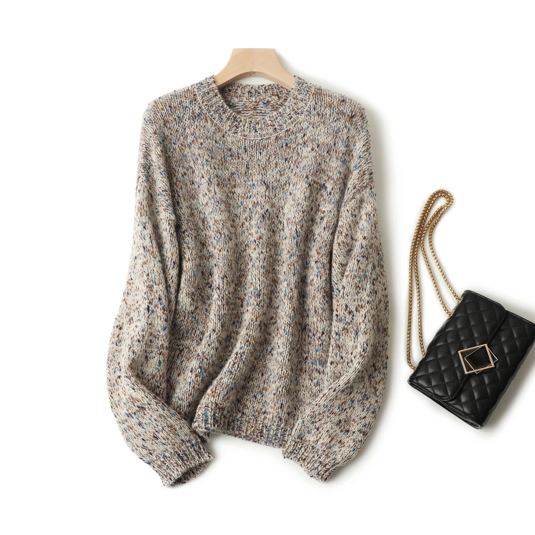 【莫奈花园】550克高克重羊毛衫彩点纱圆领厚款宽松版加厚100%毛