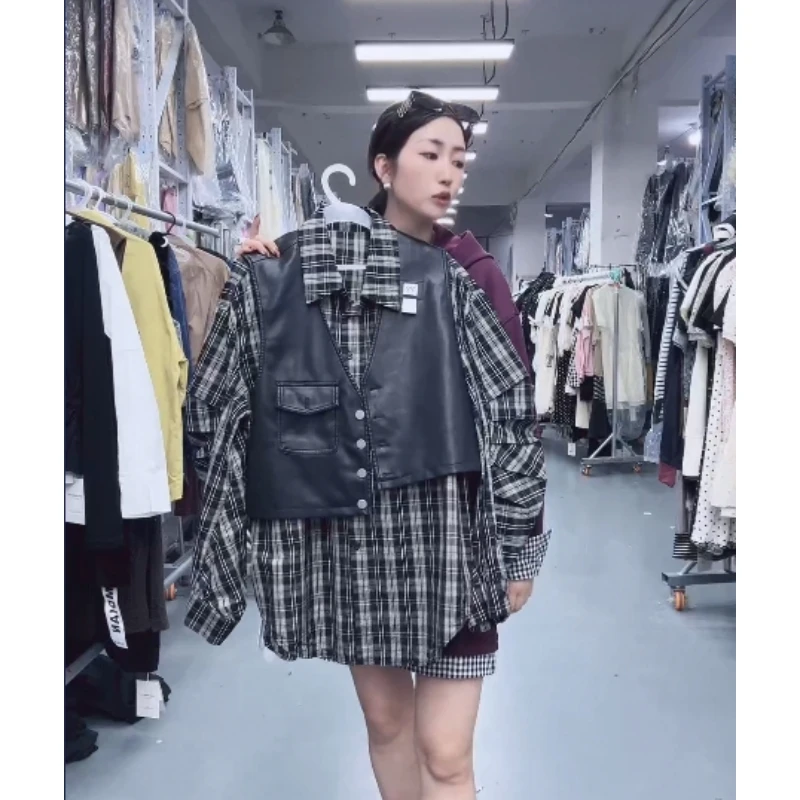 【静静】拼接格子宽松版衬衫外套上衣C839