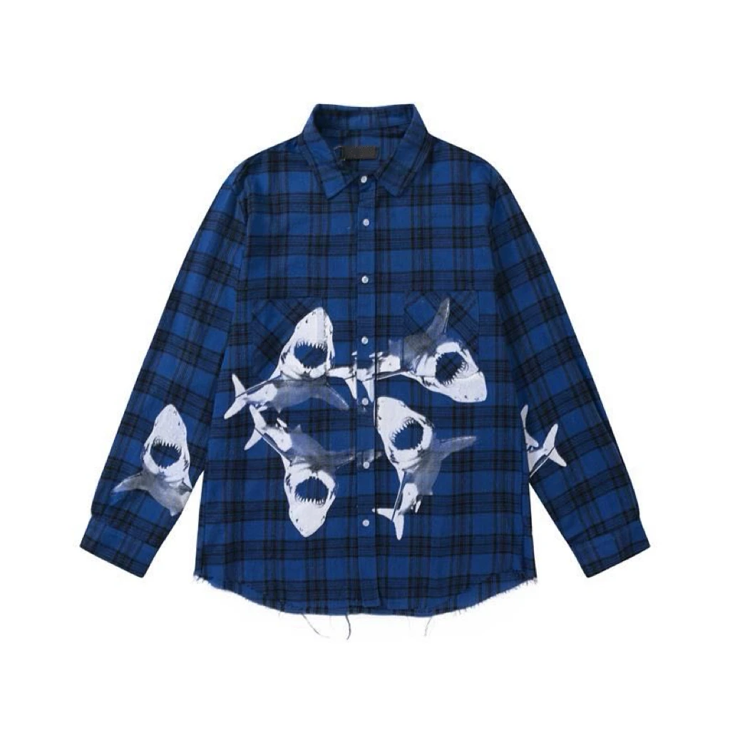 欧美高街经典复古胶浆鲨鱼糜烂印花流苏下摆格子长袖情侣衬衫