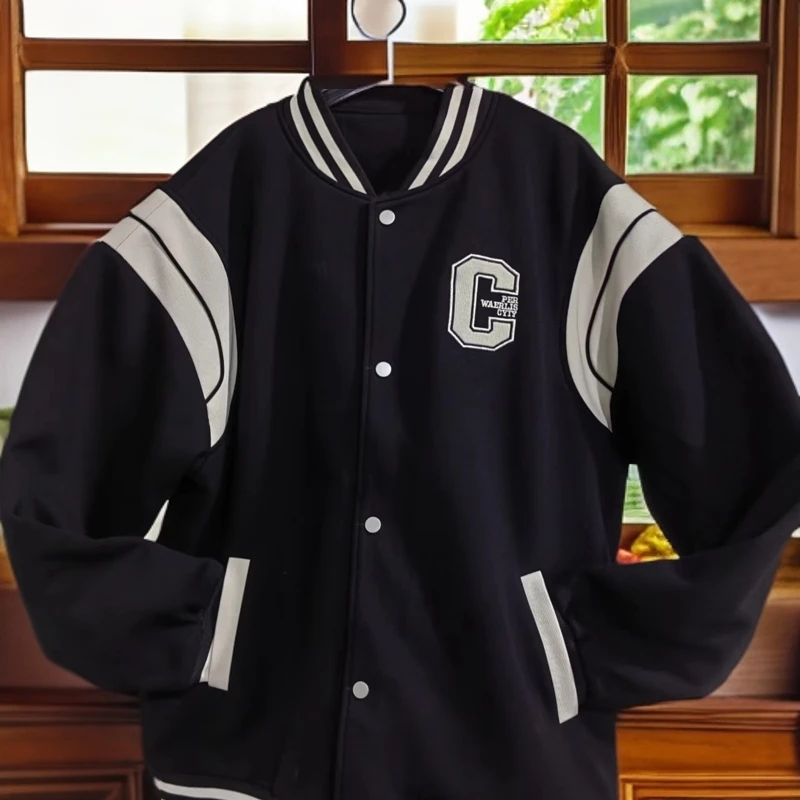 【6613-黑】青少年潮品夹棉棒球服