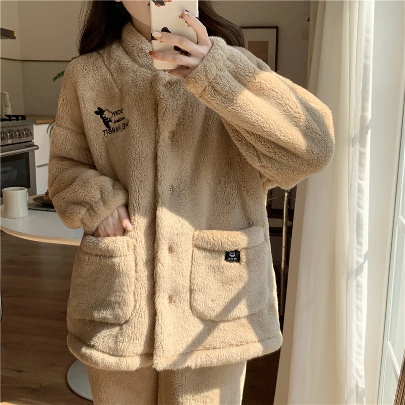 北美绒睡衣女秋冬新款日系开衫法兰绒可爱卡通保暖加厚家居服套装