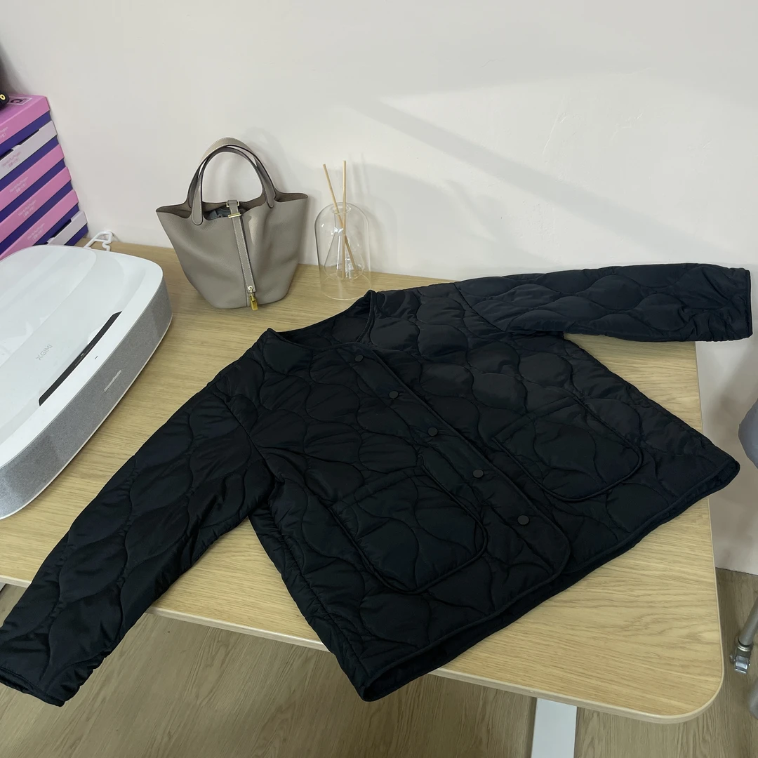 04150设计感复古葫芦纹菱格棉服女秋冬廓形轻薄休闲无领棉衣外套