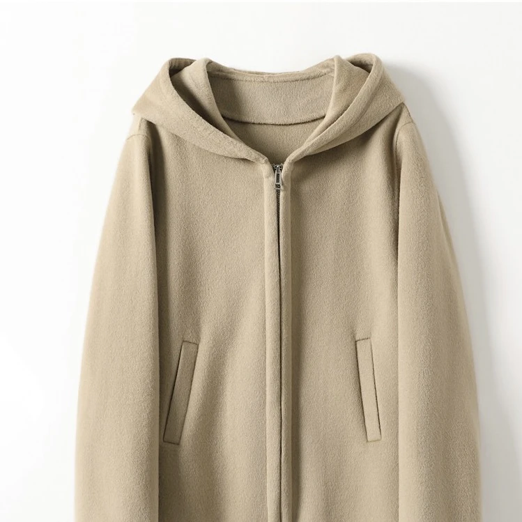 18407奢侈全羊毛高级感大衣女新款拉链连帽双面呢外套