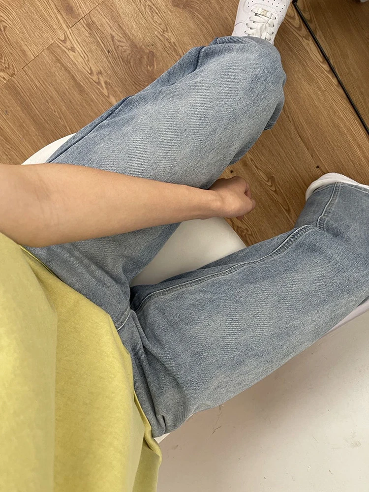 LK003 复古蓝超好看 显瘦直筒慵懒韩代博主长款微拖地牛仔裤女