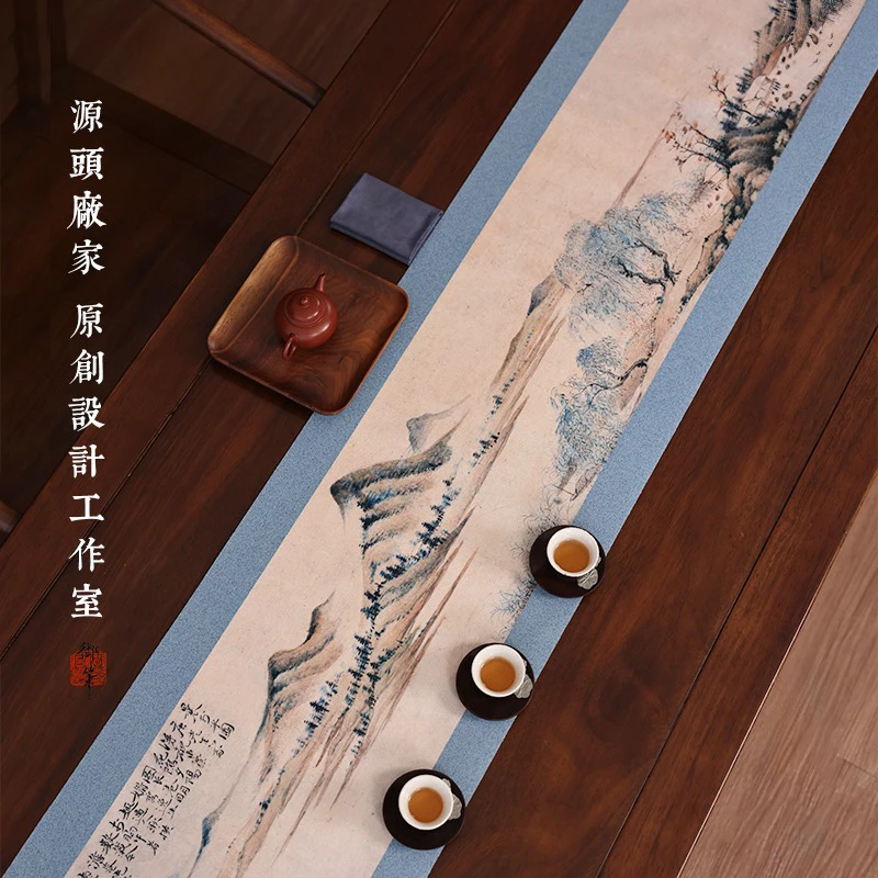 拾舍彩绘茶席棉麻桌旗国风中式干泡茶垫茶布家用高档古风茶布艺大