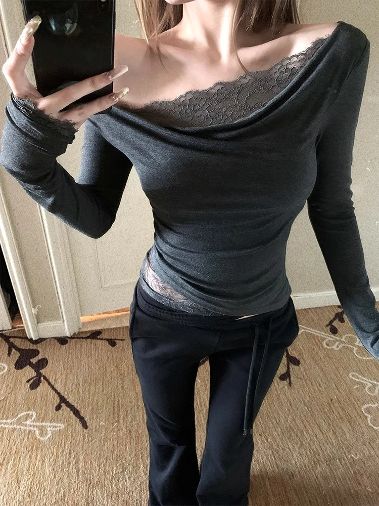 抓心honey设计感拼接蕾丝长袖t恤女秋季复古修身显瘦内搭打底上衣