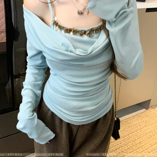 baby蓝温柔假两件荡领内搭打底衫女秋冬纯欲风修身超好看长袖上衣